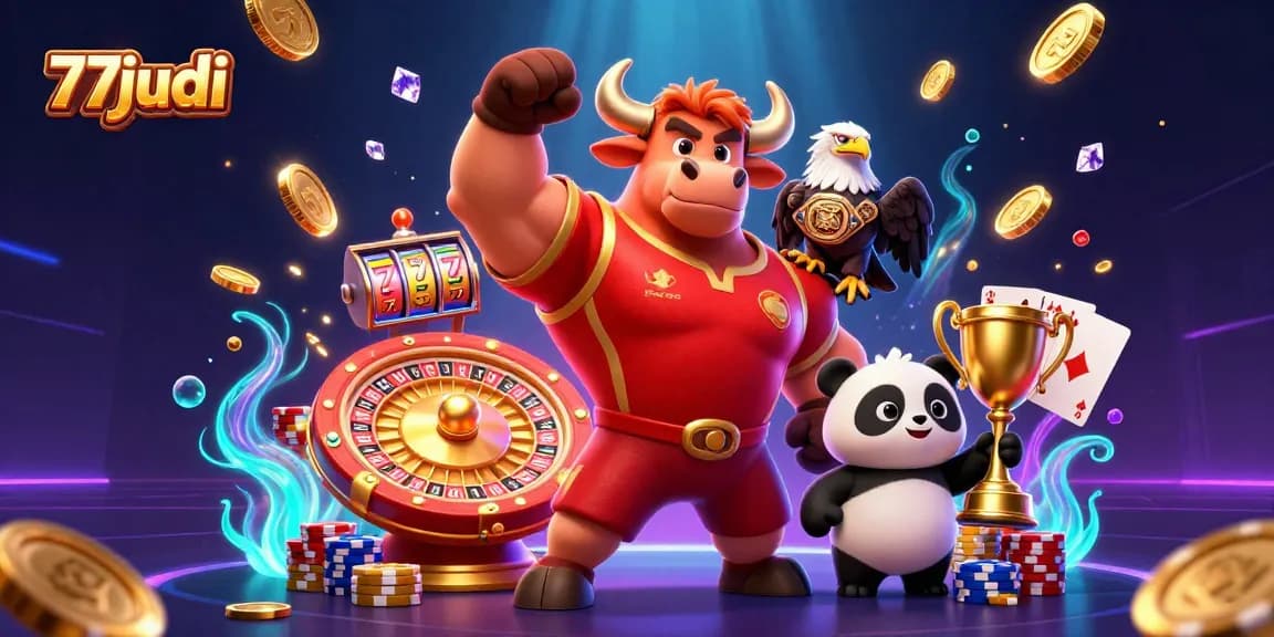 Experience thrilling wins and excitement at 77judi with vibrant casino elements and characters.