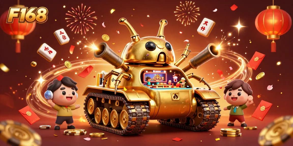 Experience the thrill of F168 with an exciting casino scene featuring a golden beetle tank and dynamic game elements.