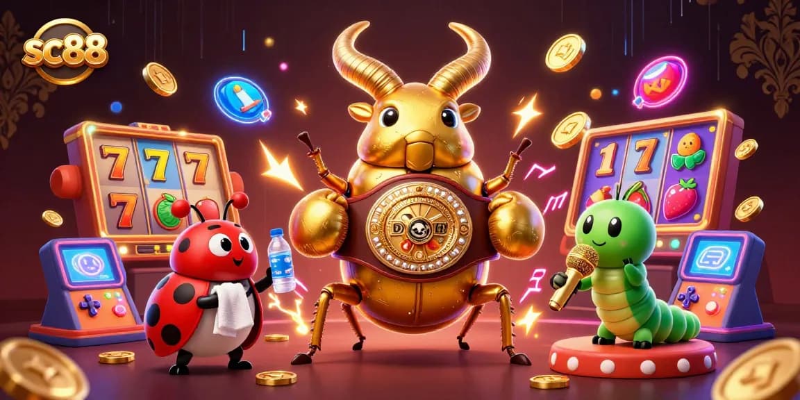 sc88 players engaging with vibrant slot games and golden prizes in a detailed casino scene