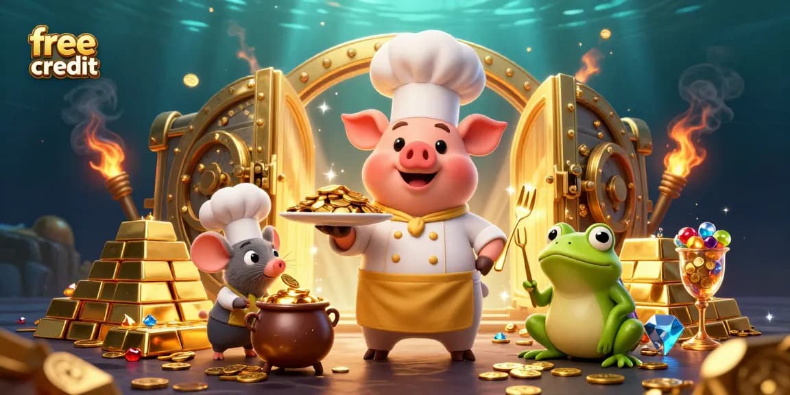 Play games with free credit as a chef pig serves golden coins, surrounded by luxury casino elements.