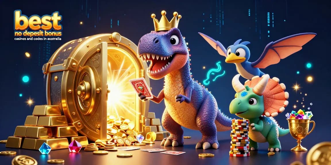 Discover the best no deposit bonus casinos and codes in Australia with a playful T-Rex and friends.
