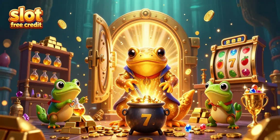 Claim slot free credit with captivating golden treasures and dynamic elements in this enchanting casino scene.