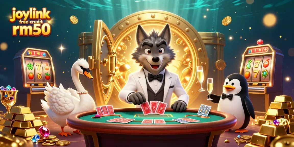 Enjoy the winning thrill with joylink free credit rm50 at a lively casino showdown featuring characters and treasures.