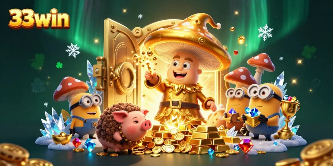 Spin the reels of 33win in a vibrant, crowded casino scene filled with treasures and magic.