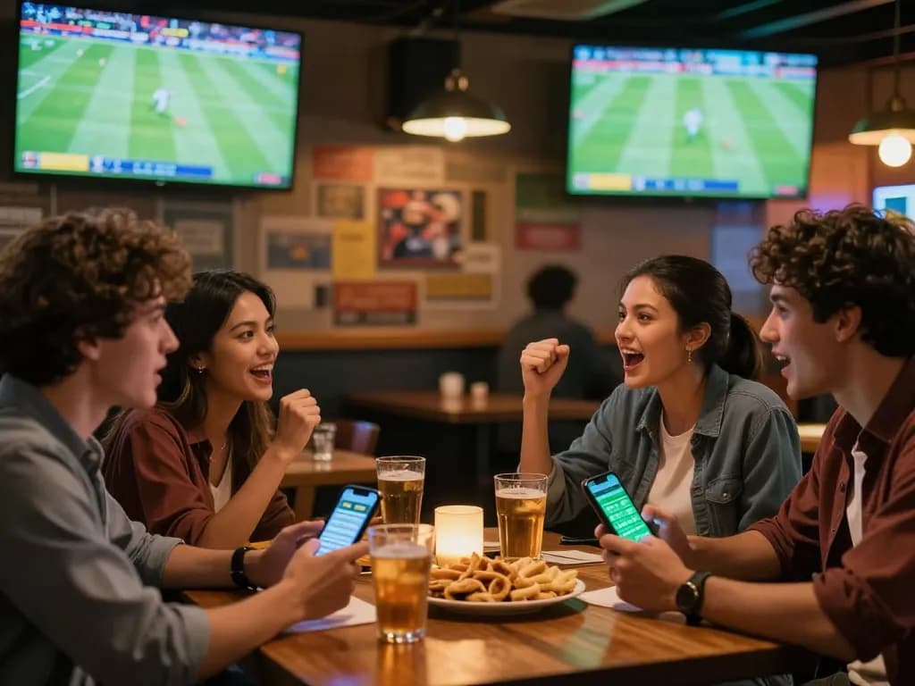 Friends discussing keo nha cai while watching a football match in a lively sports bar.