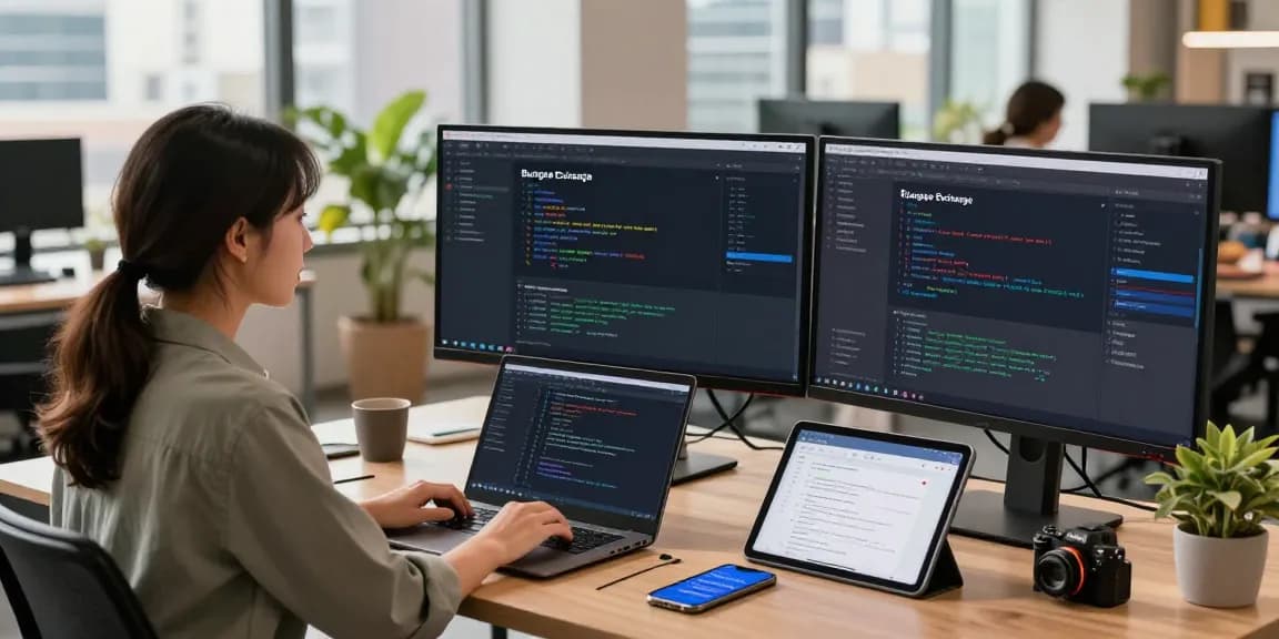 Dynamic workspace with software developer using bungeeexchange for cross-chain swaps in a modern office