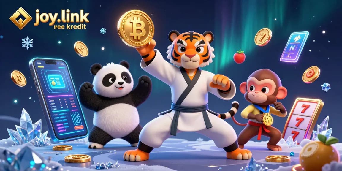 The kung fu tiger master showcases joy.link free kredit in a captivating casino scene of slot machines and cryptocurrencies.