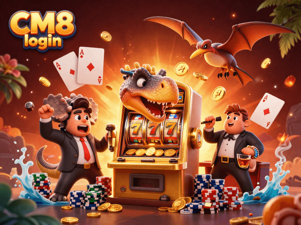 Engage with the vibrant CM8 login scene as a pachycephalosaurus wins coins from a slot machine.