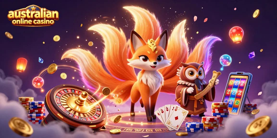 Witness the vibrant spirit of australian online casino with glowing fox and spinning roulette.