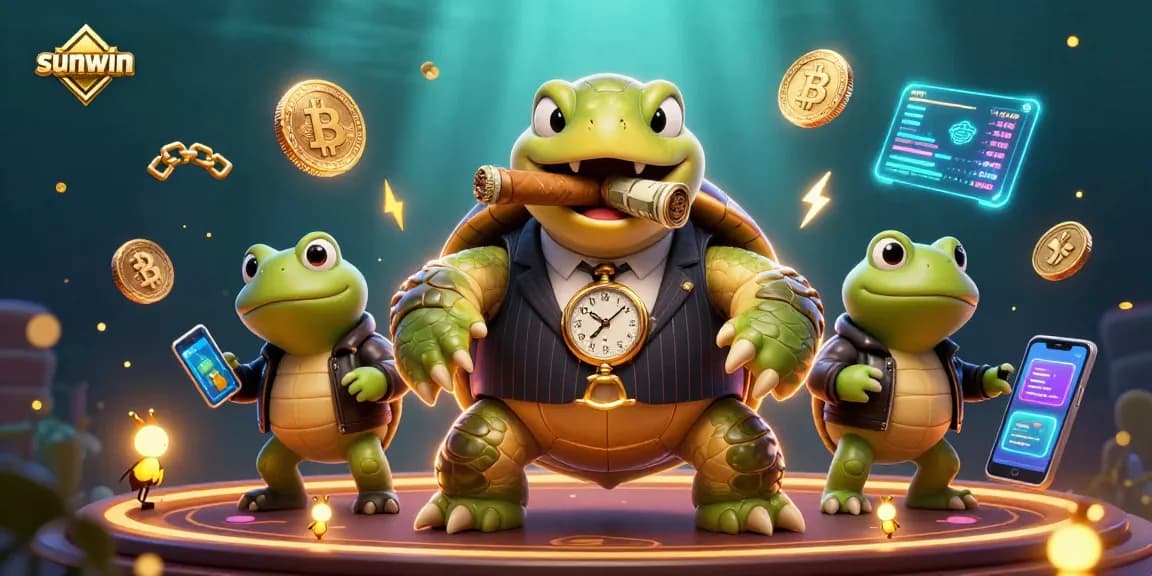 Join the excitement at sunwin with a vibrant casino scene featuring a turtle in a mobster suit.