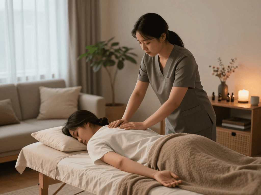 Experience a professional 도봉출장마사지 in a tranquil home setting with soothing ambiance and skilled therapist.