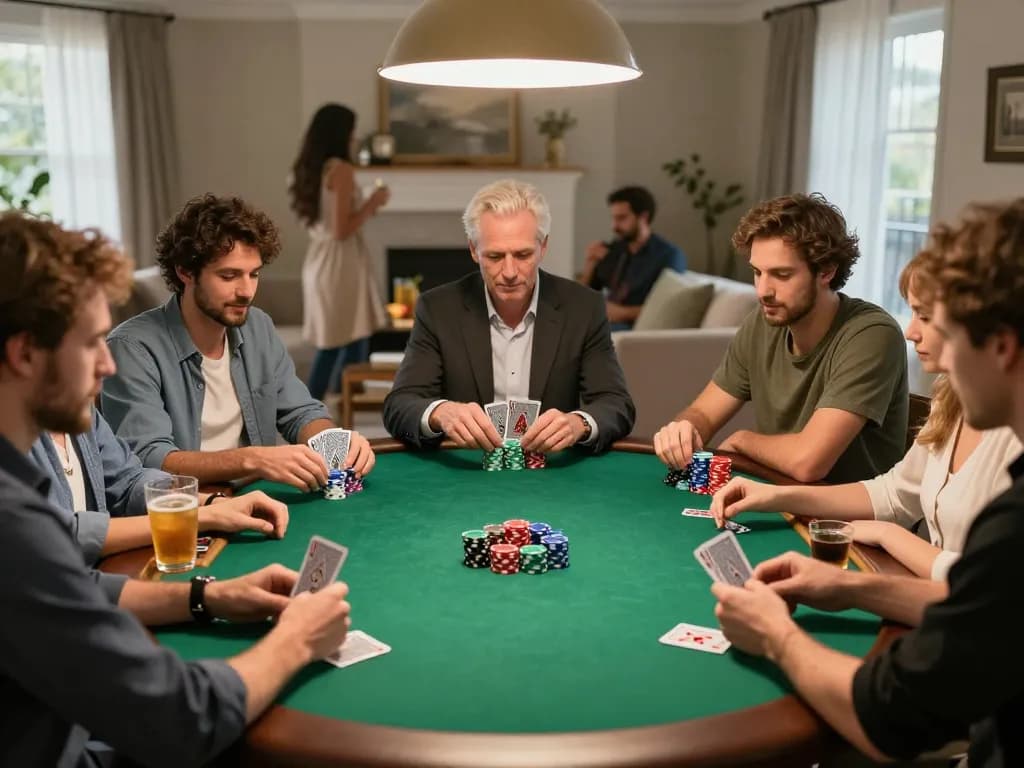 Players enjoying an engaging game of poker at home, showcasing m88 capital strategies through friendly competition and camaraderie.
