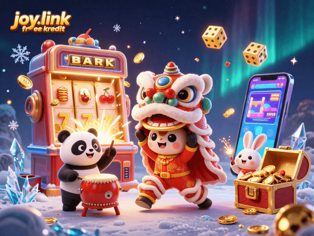 Engage with joy.link free kredit in this vibrant casino scene featuring a lion dance and festive games.
