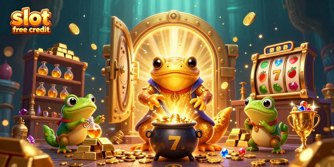 Claim slot free credit with captivating golden treasures and dynamic elements in this enchanting casino scene.