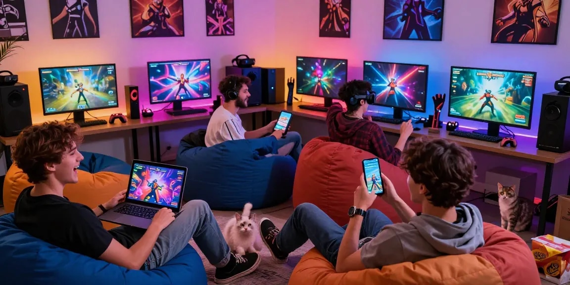 Experience intense gameplay in gay porn games with players on multiple devices in a vibrant gaming room.