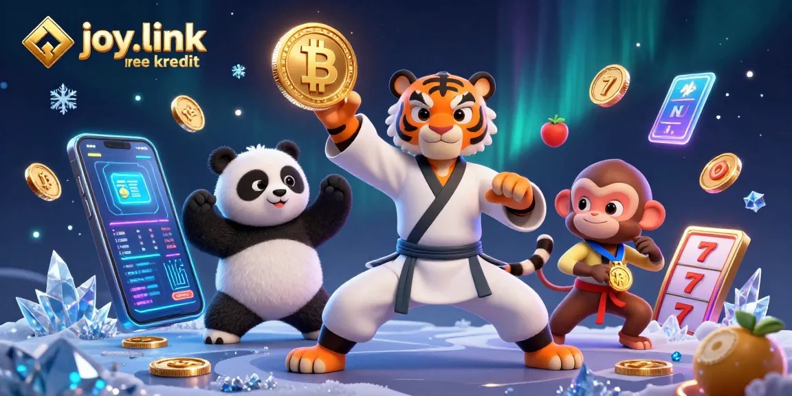 The kung fu tiger master showcases joy.link free kredit in a captivating casino scene of slot machines and cryptocurrencies.