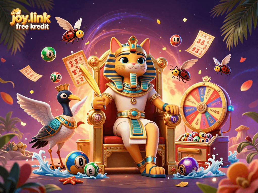 Experience the thrill of joy.link free kredit with vibrant lottery elements and an enchanting pharaoh cat scene.