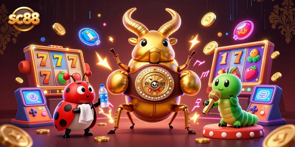 sc88 players engaging with vibrant slot games and golden prizes in a detailed casino scene