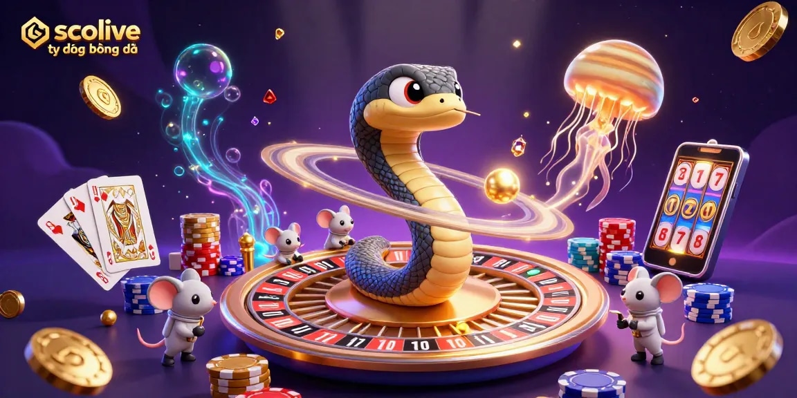 Socolive trực tiếp bóng đá showcases a lively space betting scene with bright characters and casino elements.