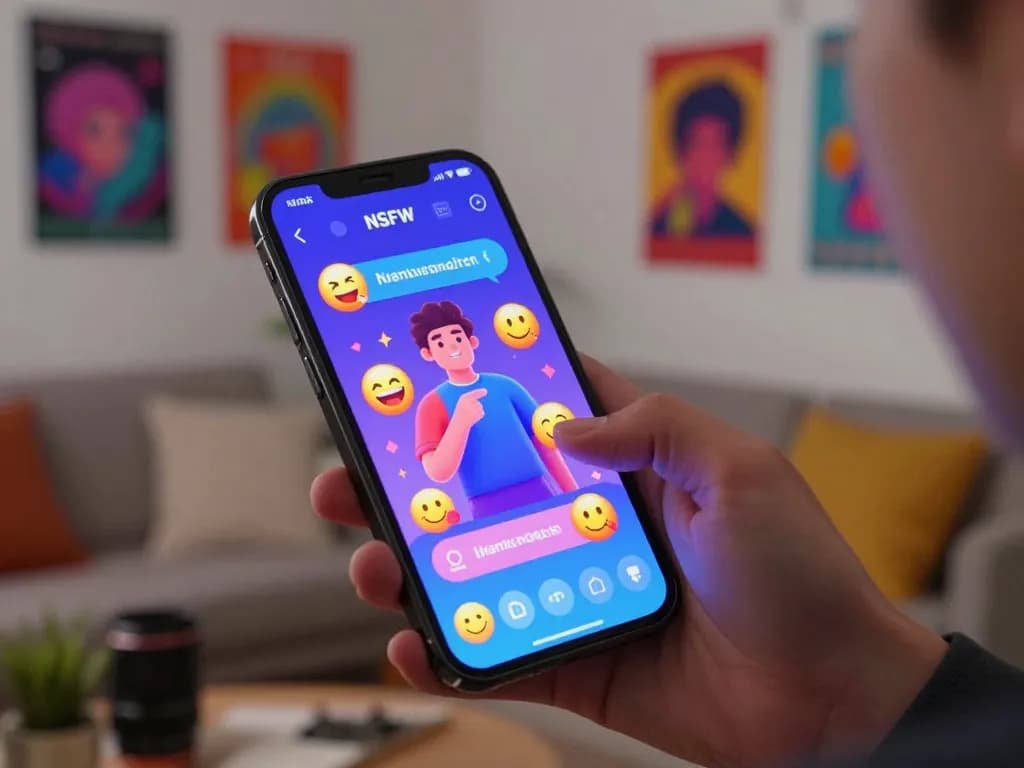 Engaging user experience of ai chat nsfw on a smartphone with vibrant colors in a cozy room.