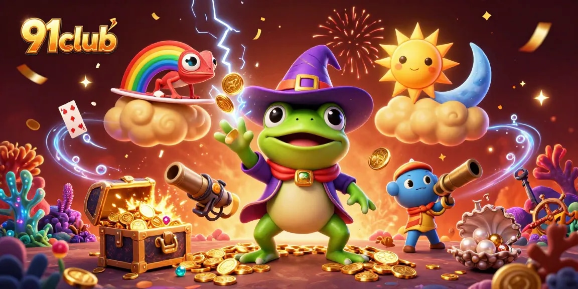 Join the excitement of 91club with a dynamic illustration showcasing thrilling casino elements and characters.