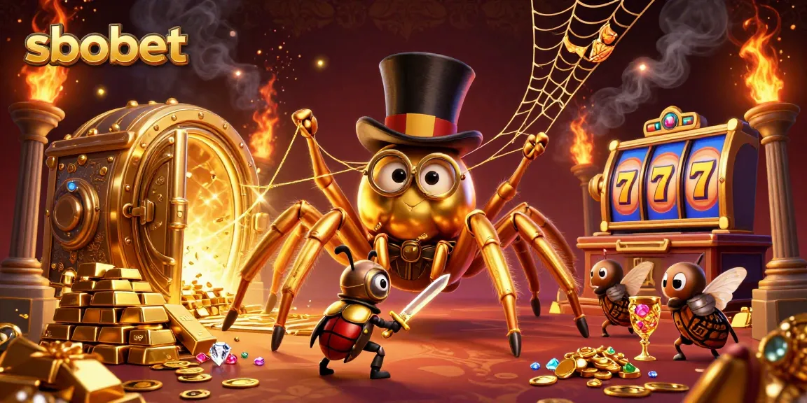 SBOBET's vibrant 3D casino scene with a golden tarantula, a beetle knight, and jackpot elements.