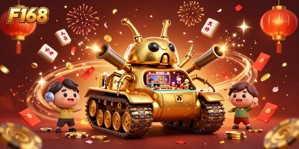 Experience the thrill of F168 with an exciting casino scene featuring a golden beetle tank and dynamic game elements.