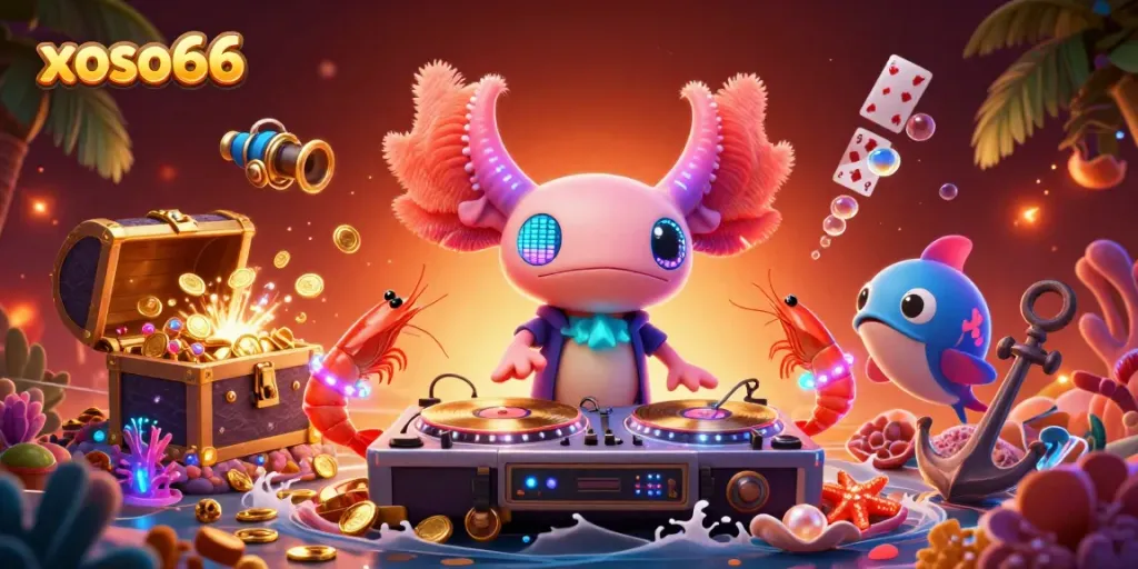 Engage with xoso66 in an energetic underwater gaming scene featuring a DJ and animated sea creatures.