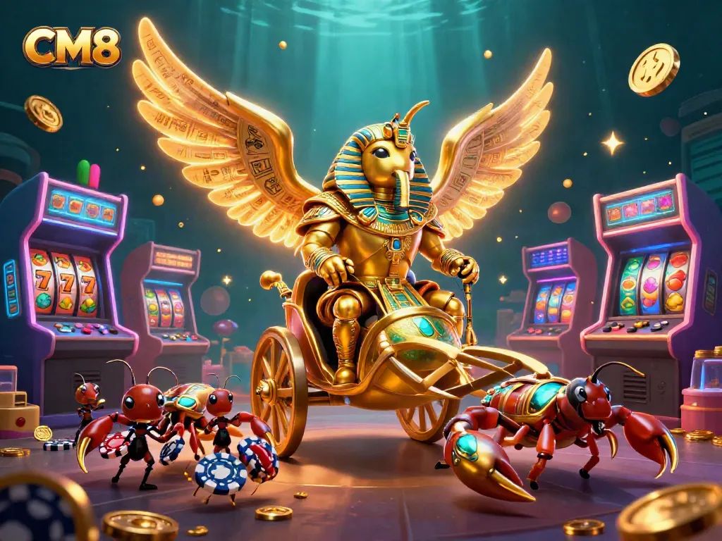 Experience the thrill of CM8 online slots with vibrant 3D illustrations of scorpions and beetles.