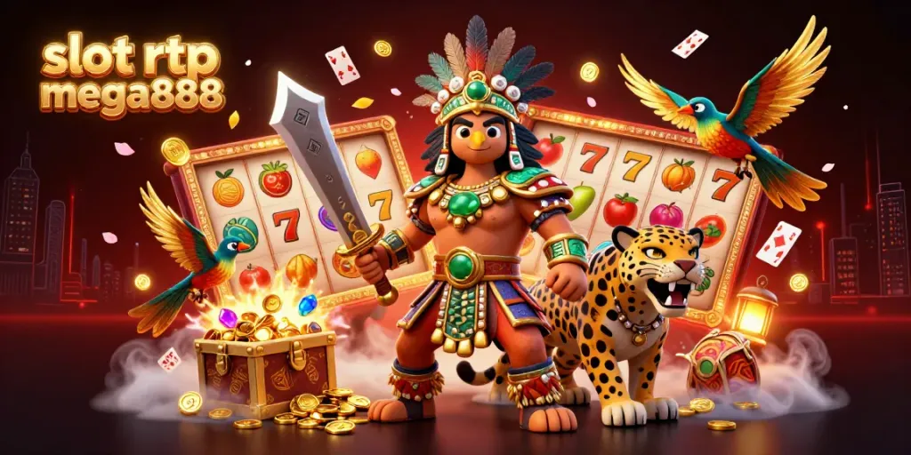 Experience thrilling gameplay with slot rtp mega888, featuring lush illustrations of warriors and casino elements.