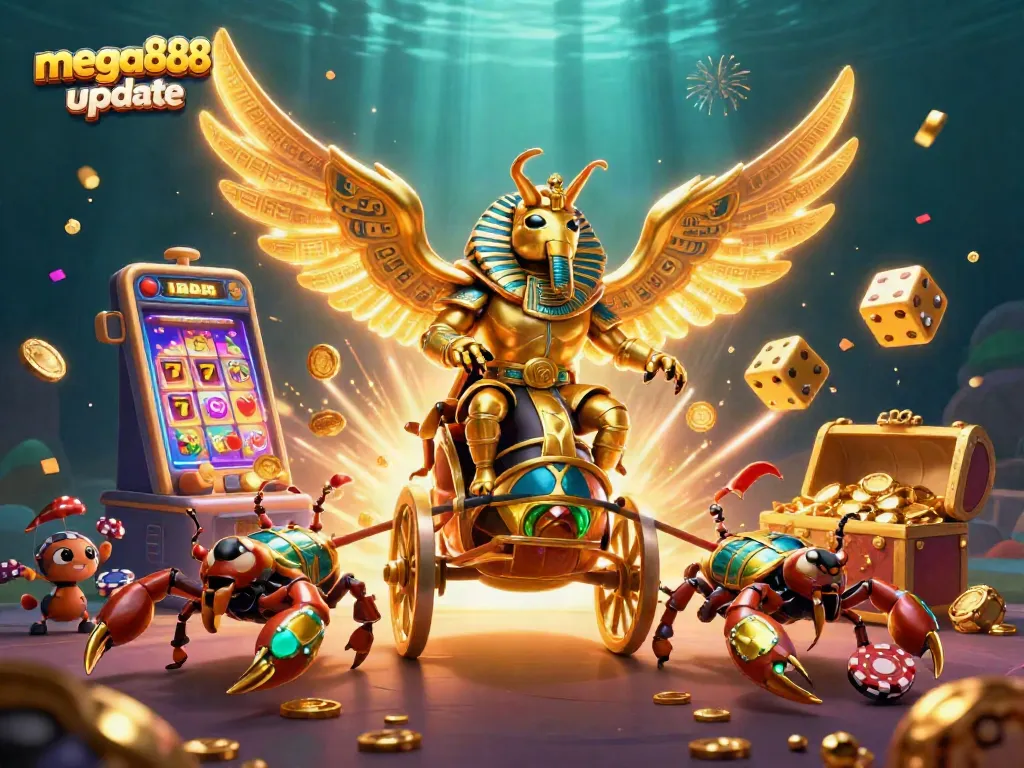 Win big with the latest mega888 update, featuring a dynamic casino-themed scene filled with vibrant characters and gaming elements.