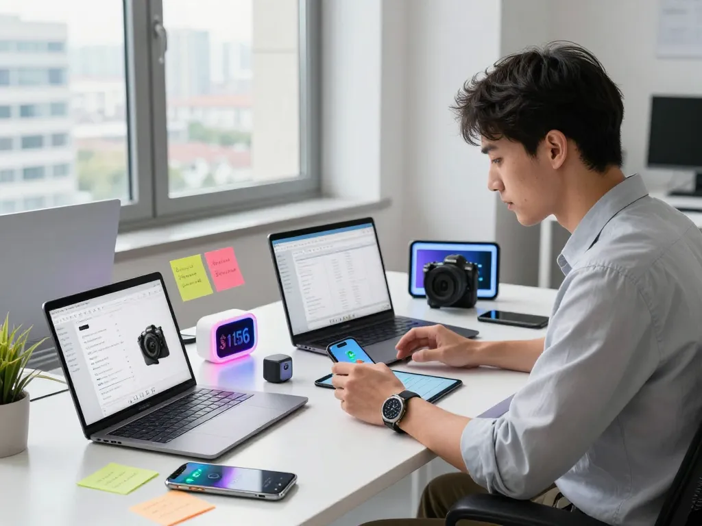 Discover cool tech gadgets under $156 in a modern workspace with devices showcased.