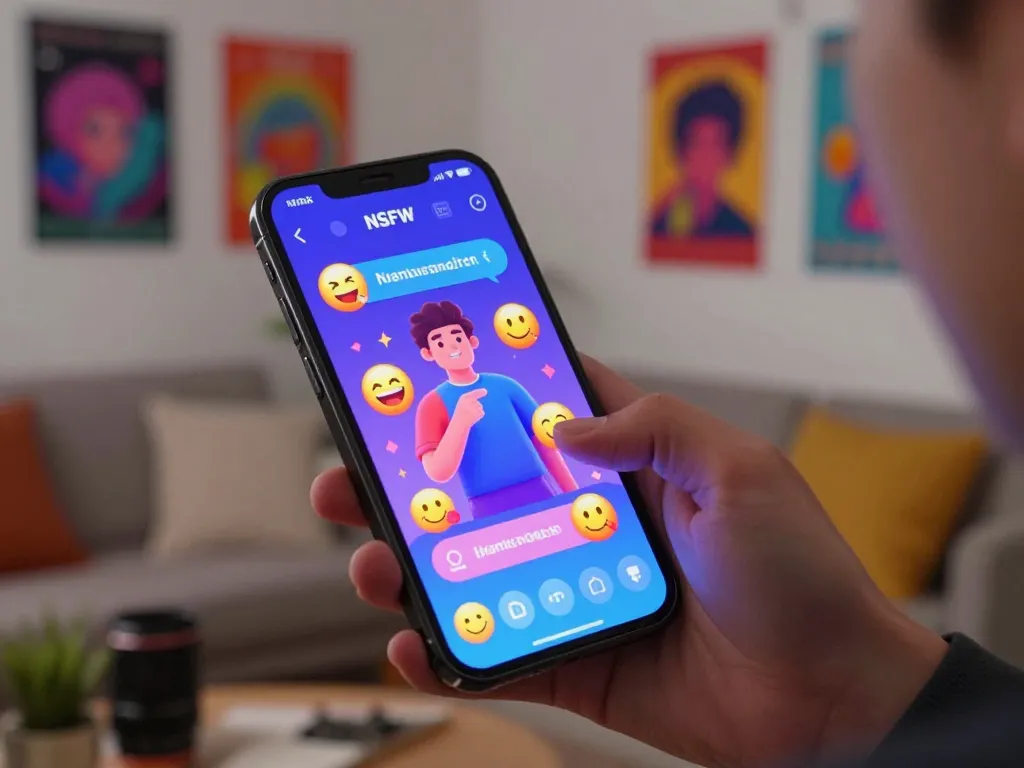 Engaging user experience of ai chat nsfw on a smartphone with vibrant colors in a cozy room.