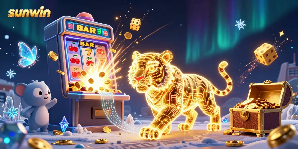 Win big at Sunwin: Experience a vibrant casino world with a golden tiger amidst slot machines and holographic elements.