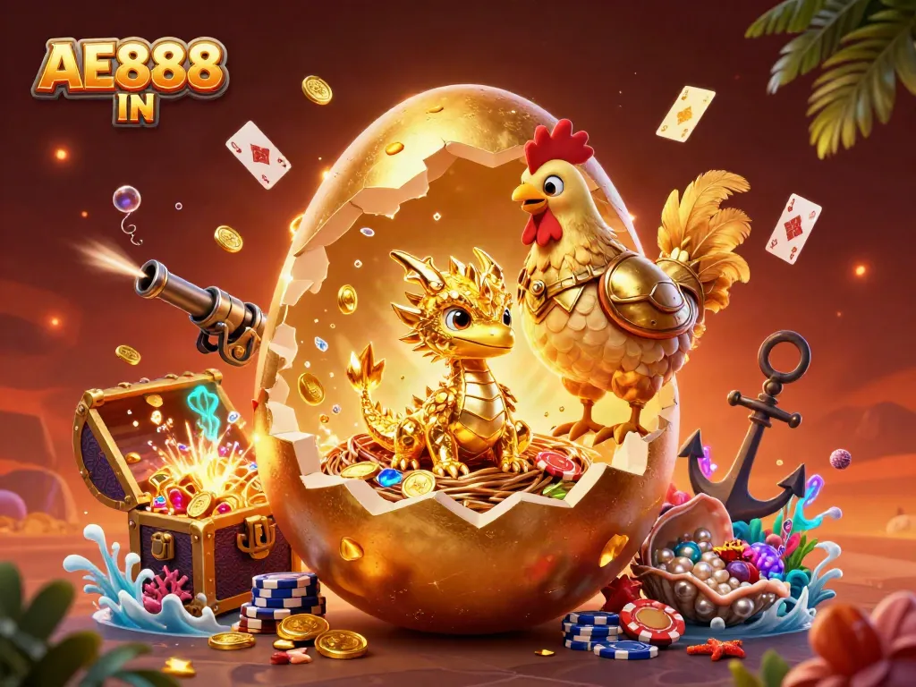 Experience AE888 IN with a vibrant gold-tinged 3D dragon scene amidst colorful treasure, cards, and chips.