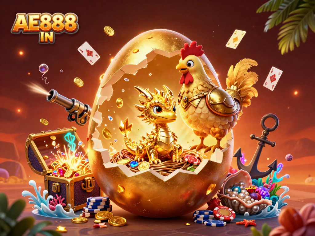 Experience AE888 IN with a vibrant gold-tinged 3D dragon scene amidst colorful treasure, cards, and chips.