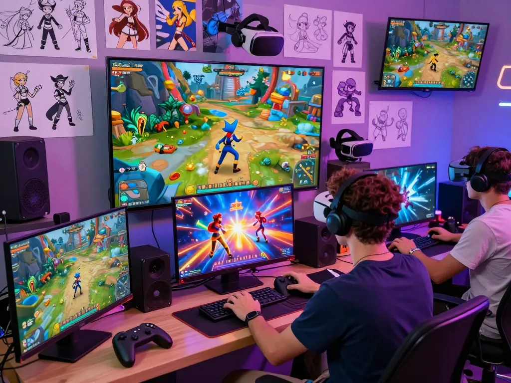 A diverse group plays an engaging porno game featuring vibrant characters in a colorful fantasy landscape.