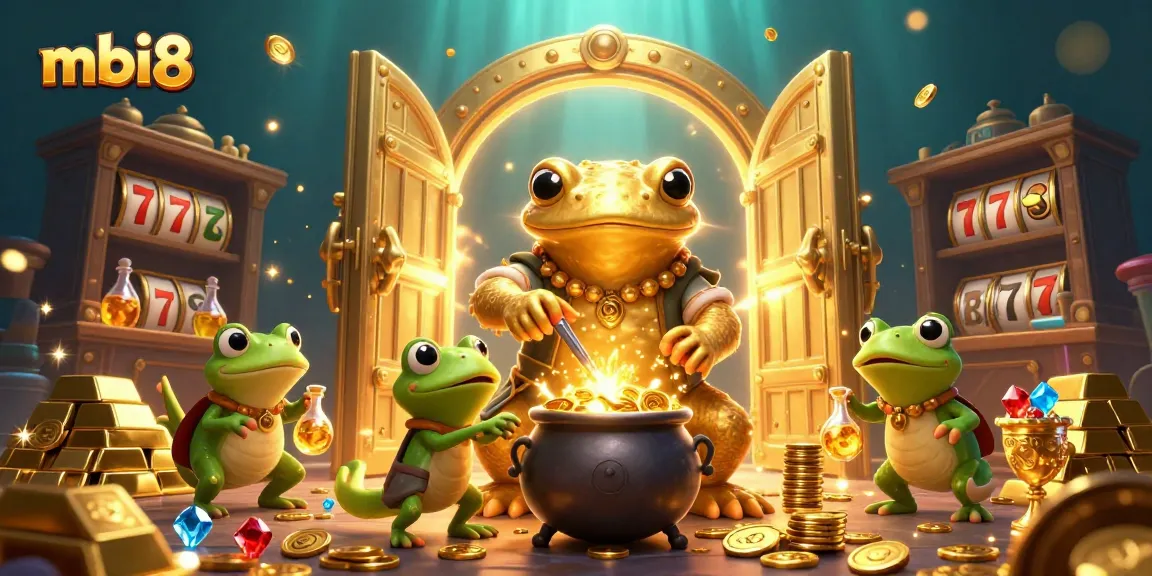 Win big at mbi8 with this vibrant casino-inspired scene showcasing golden treasures and gaming action.
