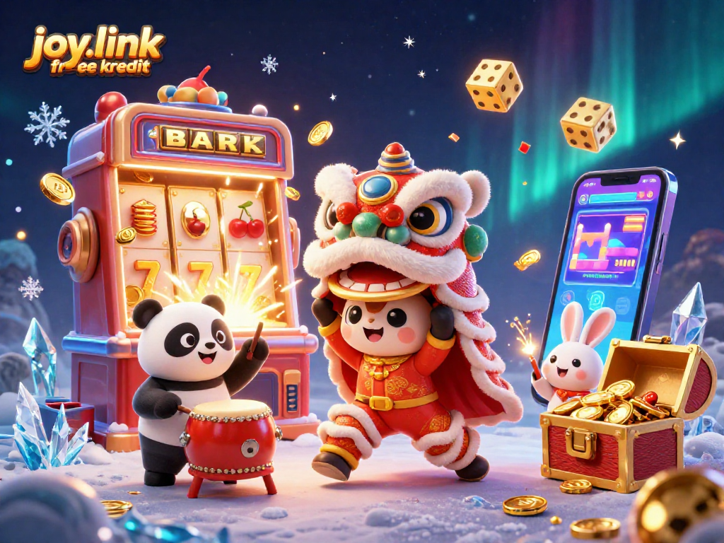 Engage with joy.link free kredit in this vibrant casino scene featuring a lion dance and festive games.