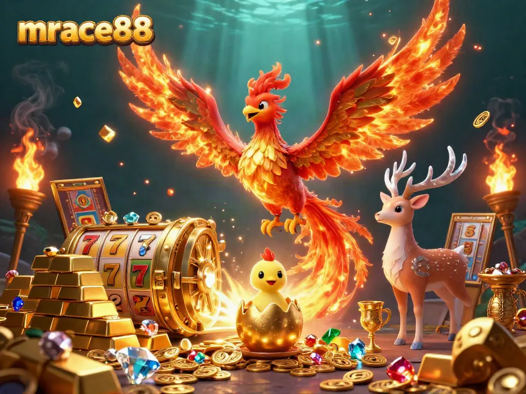 Experience the excitement at mrace88 with the phoenix and treasures in a colorful casino illustration.