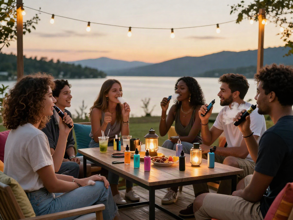 Friends enjoying rokok88 flavored vaping experience at sunset.