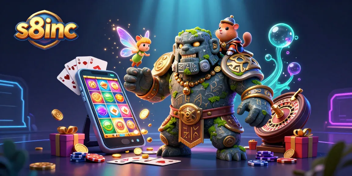 Experience thrilling games at s8inc, featuring a magical golem, fairy, and hamster knight in a vibrant casino scene.