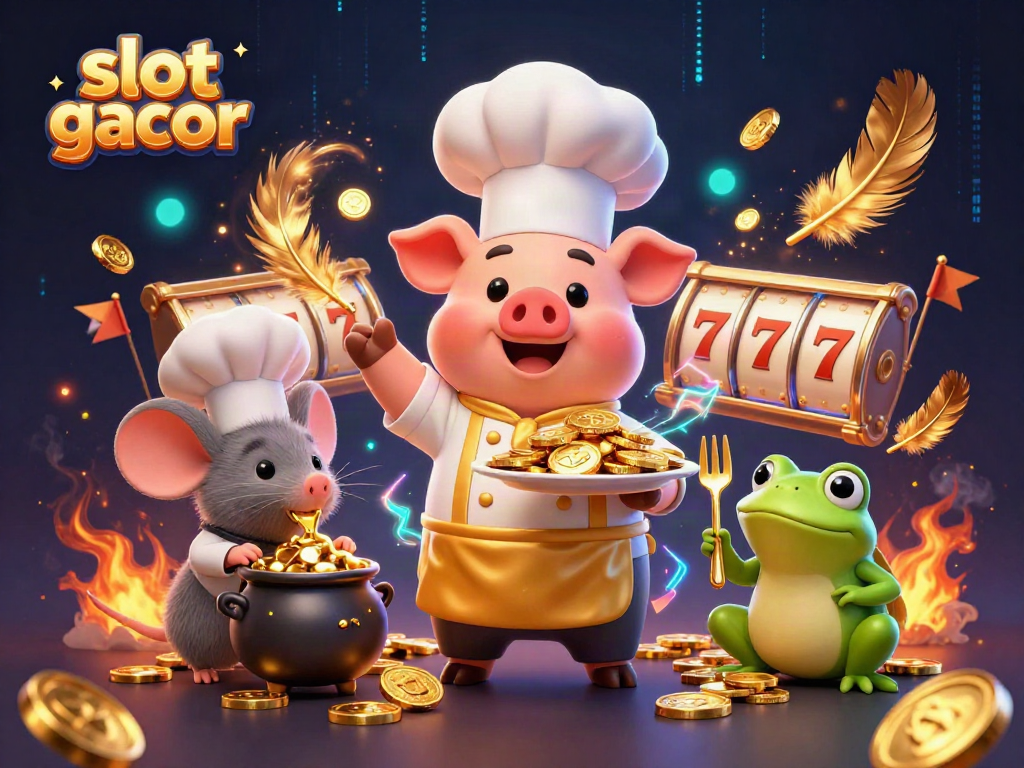 Win big with slot gacor, as a chef pig serves coins surrounded by vibrant casino elements.
