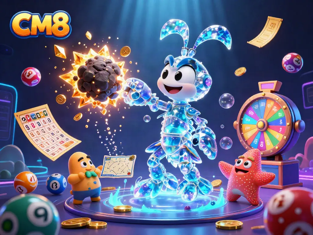 Experience thrilling CM8 gaming action with colorful lottery balls and golden prizes amidst a vibrant casino atmosphere.