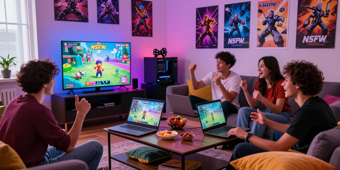 Friends enjoying the latest nsfw apk game in a cozy living room during gaming night.