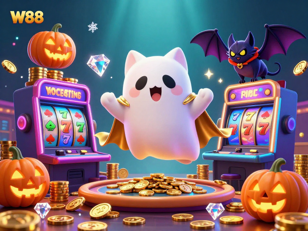 Experience W88's vibrant online casino world with a playful ghost cat, a bat, and glowing poker-themed pumpkins.