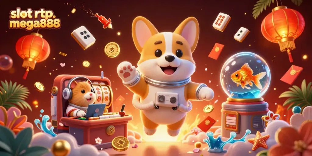 Engage with slot rtp mega888 in an immersive 3D casino space featuring lively characters and vibrant gaming elements.