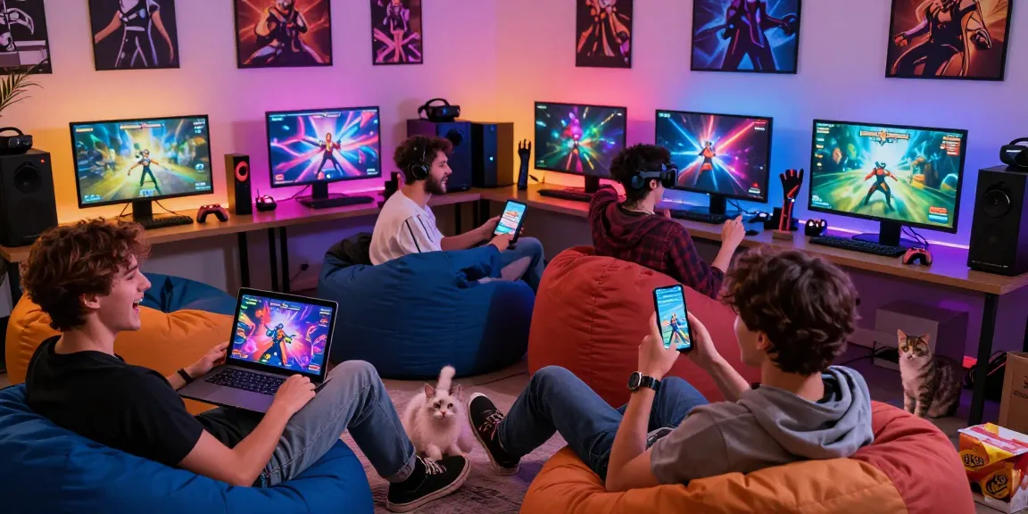 Experience intense gameplay in gay porn games with players on multiple devices in a vibrant gaming room.