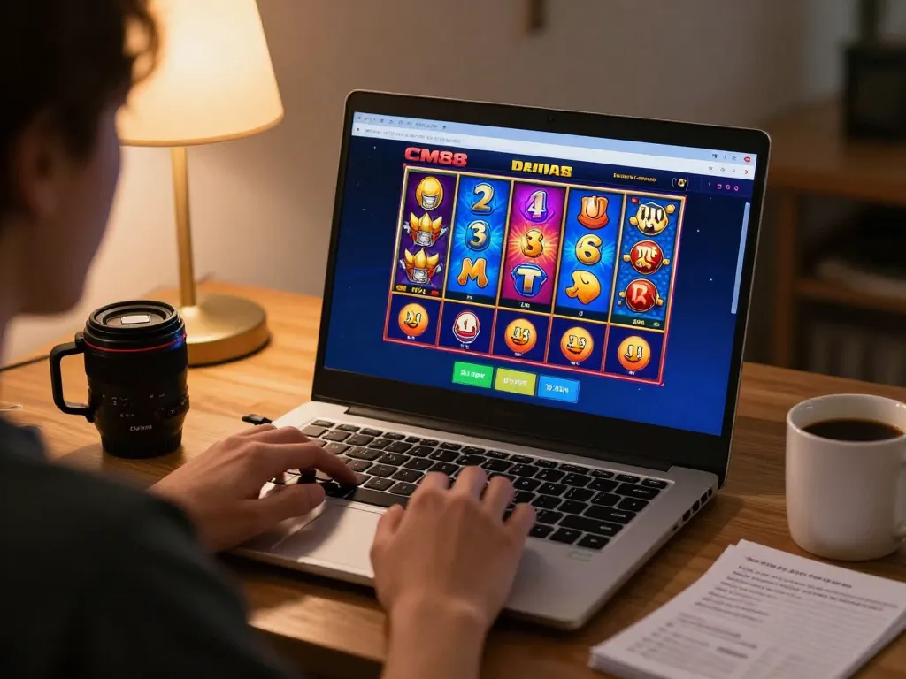 Engaged player enjoying CM88 online casino with vibrant slot games on laptop.