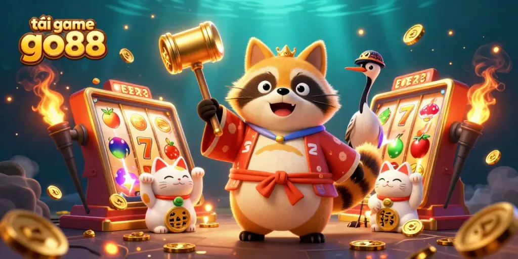 Play exciting games and tải game go88 with cheerful tanuki, crane, and fortune cats in a vibrant casino atmosphere.